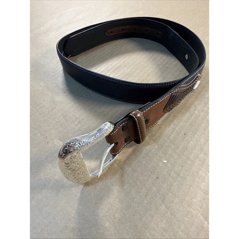 Nocona Genuine Leather Belt Top Hand Overlay Brown / Black Mens 40 Western Wear